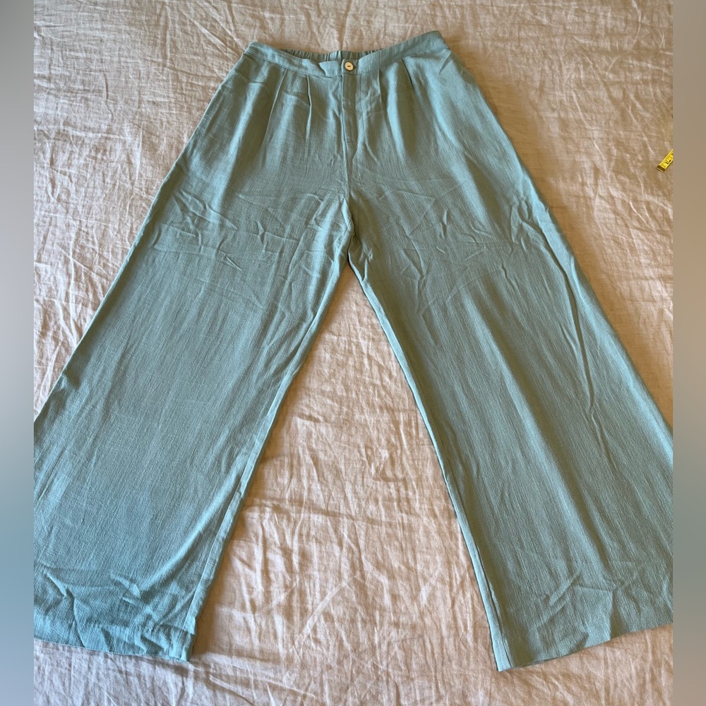 Sadie & Sage Sea Foam Green Botanical Linen Blend Trousers